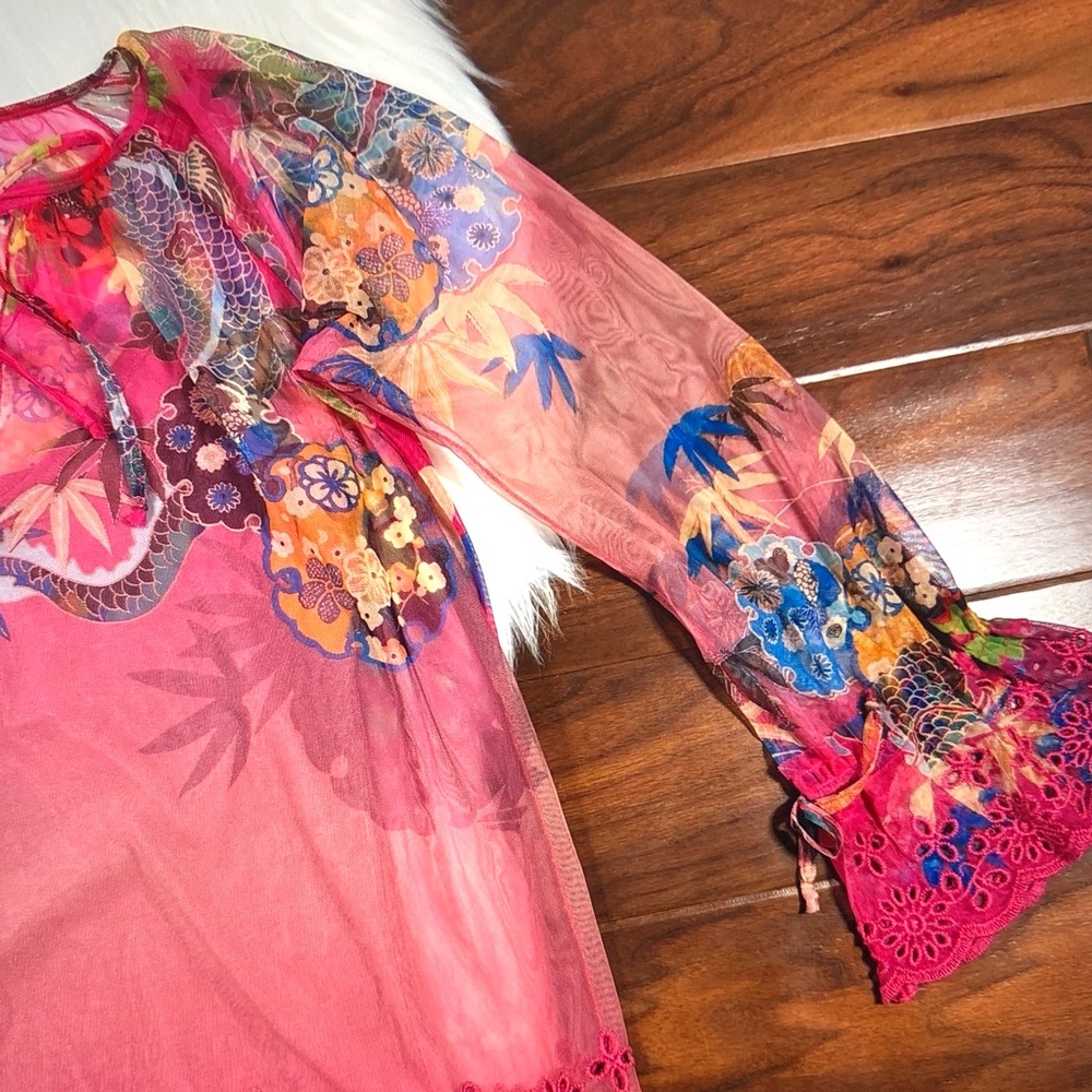 Johnny Was Sheer Floral Tie-Neck Blouse in Red and Pink - Picture 3 of 7